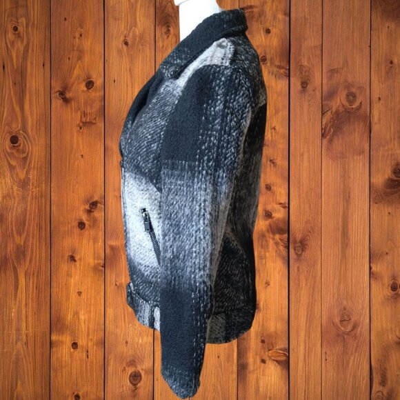 Divided H&M Women's Size 2 Wool Blend Plaid Belted Moto Biker Jacket Black/Gray - Picture 8 of 11